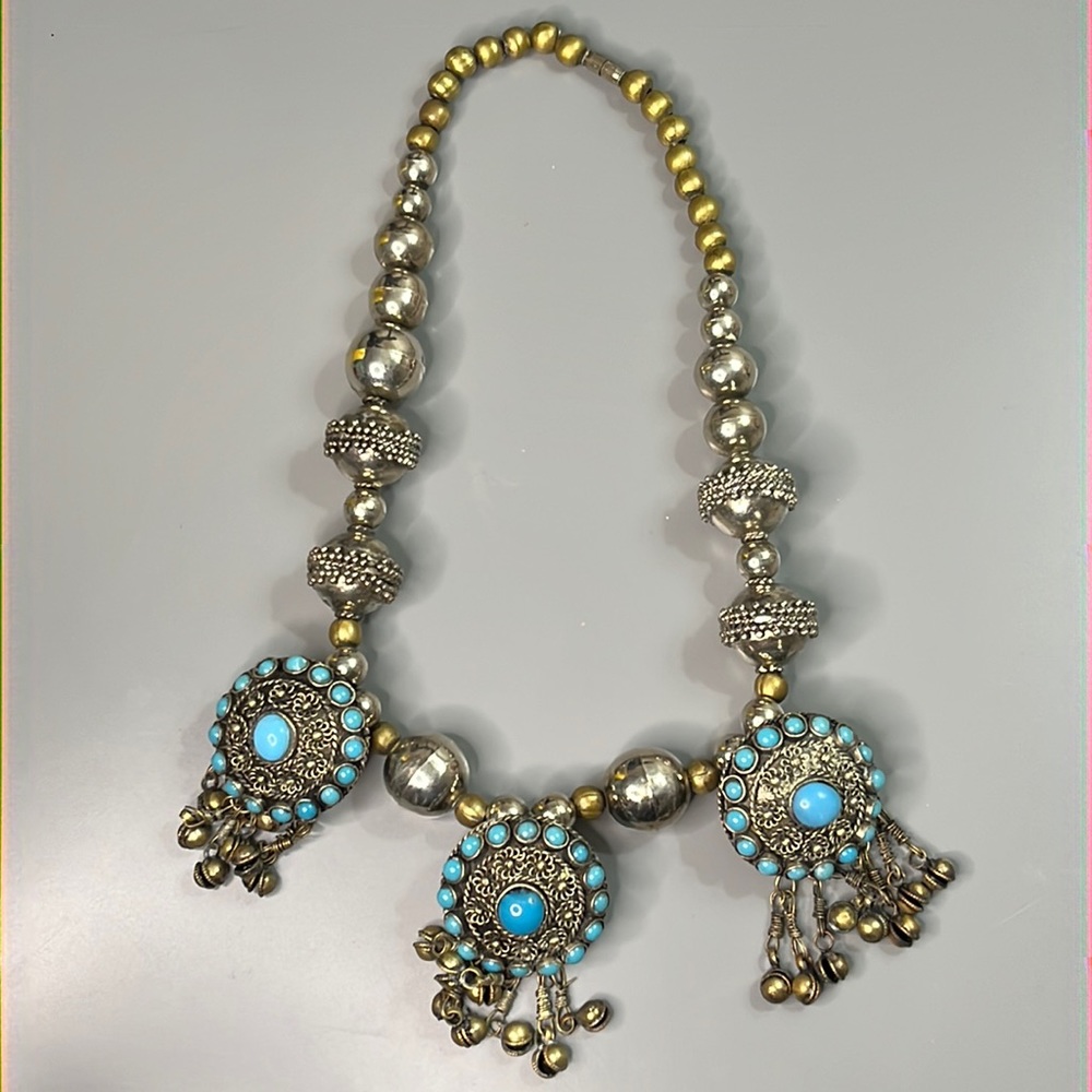 Vintage brass and silver plated Boho gypsy bell statement necklace